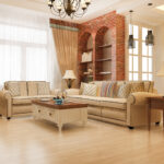 3d rendering modern dining room and living room with retro armchair and european style